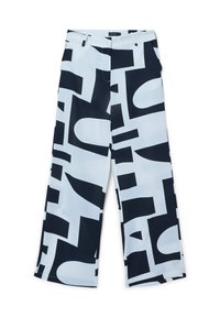 Weite Hosen aus einem hellblauen Stoff mit einem auffälligen schwarzen abstrakten Muster. Enthält seitliche Taschen und einen Reißverschluss.