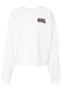 White cropped sweatshirt with long sleeves, rounded neckline, and a black and pink "ORIGINAL" graphic on the chest. Smooth texture.