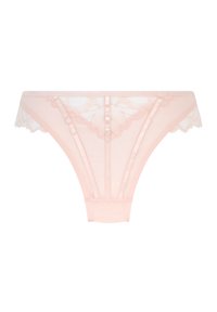 Lacy roze string met doorzichtige mesh stof; heeft scalloped randen, verticale naden en bloemembroidery aan de voorkant.