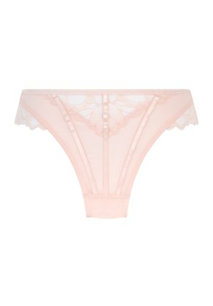 Ljusrosa stringtrosa med genomskinligt meshmaterial; har scallopade kanter, vertikala sömmar och blommig broderi på framsidan.