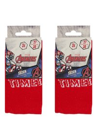 Calcetines rojos empaquetados para Marvel Avengers, con un diseño gráfico en la etiqueta que incluye personajes y la palabra "TIMES". Se incluyen 3 pares.