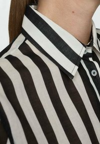 Camicia a righe bianco e nero con colletto button-down, tessuto trasparente e accenti scuri a contrasto sul colletto.