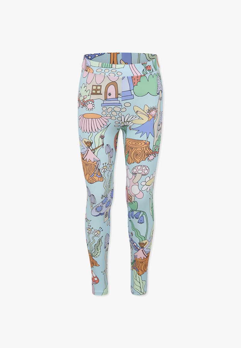 Leggings di un azzurro chiaro con motivi illustrati e fantasiosi che presentano fiori, fate e case, realizzati in un materiale morbido e elastico.