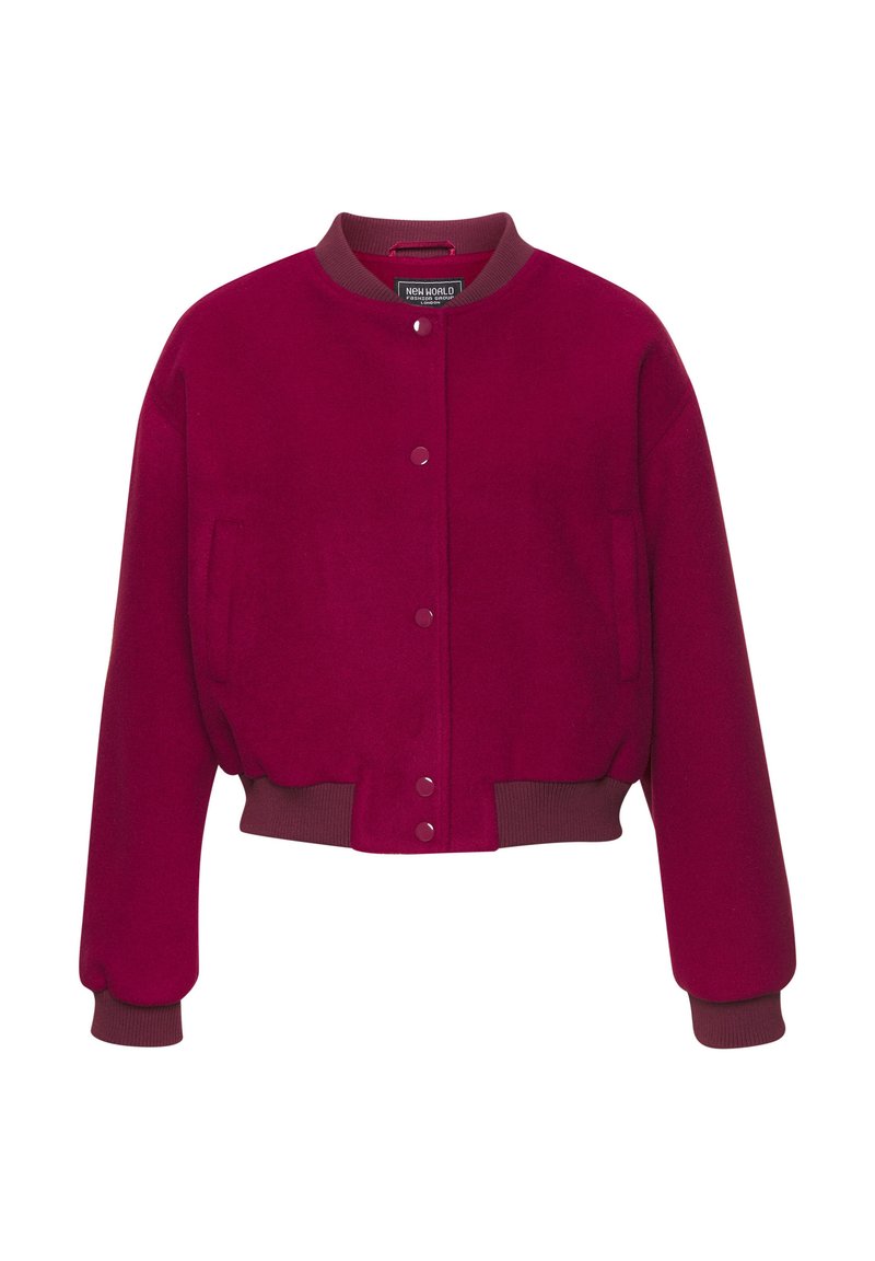 Burgunderfarbene cropped Bomberjacke aus weichem Material, mit runder Kragen, Druckknopfverschluss und gerippten Bündchen und Saum.