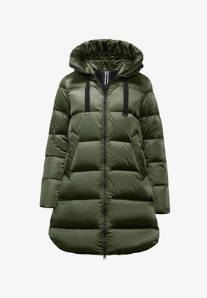 Green puffer coat with a hood, featuring a quilted design, zip closure, and black drawstrings. Satin-like texture with a slightly glossy finish.