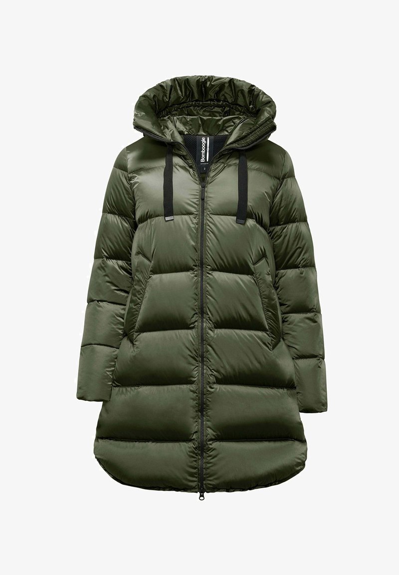 Groene pufferjas met een capuchon, met een gewatteerd ontwerp, ritssluiting en zwarte koordjes. Satijnachtige textuur met een licht glanzende afwerking.