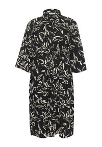 Schwarzes Kleid mit einem botanischen weißen Blattmuster, Knopfverschluss vorn, Kragen und kurzen Ärmeln, mit einem taillierten Detail.
