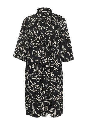 Black dress featuring a botanical white leaf pattern, button-front closure, collar, and short sleeves, with a cinched waist detail.