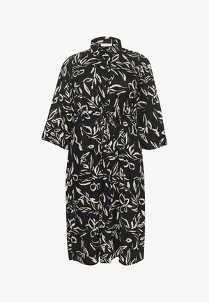 Black dress featuring a botanical white leaf pattern, button-front closure, collar, and short sleeves, with a cinched waist detail.