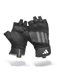 Black fitness gloves with a mesh back, padded palm, and fingerless design. Features "AEROREADY" branding and white accents.