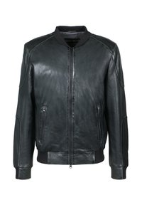 Schwarze Bomberjacke aus Leder mit Reißverschluss, geripptem Kragen, Bündchen, Saum und seitlichen Reißverschlusstaschen.