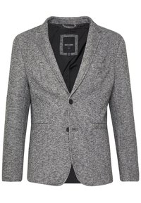 Grauer Blazer aus strukturierter Stoffqualität, mit Reverskragen, Ein-Knopf-Verschluss und zwei Fronttaschen. Gefüttertes Innenfutter.