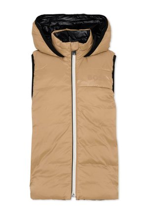 Gilet beige imbottito senza maniche con fodera interna nera, collo alto, cappuccio e chiusura frontale con cerniera bianca.