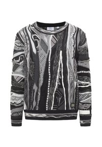 Pull en maille avec un motif abstrait noir et blanc, en tissu texturé, à manches longues et col rond. Petit logo en détail à l'ourlet.