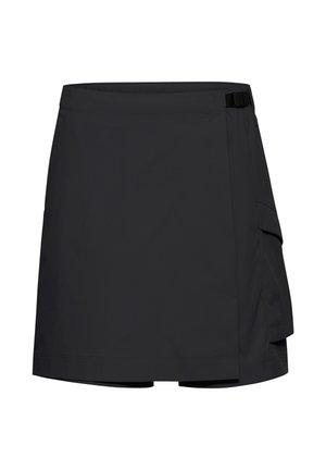Gonna avvolgente nera con fibbia laterale e tasca cargo, lunghezza fino al ginocchio, realizzata in tessuto leggero.
