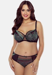 Set de lenjerie neagră din dantelă, cu broderie florală verde, sutien ușor cu barete ajustabile și chiloți asortați cu detaliu în formă de fundiță.