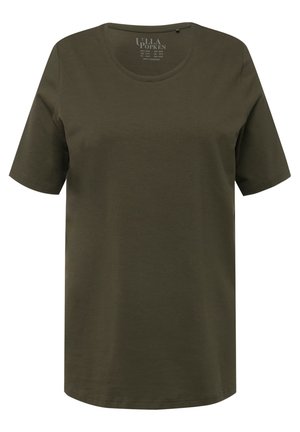 Olive green short-sleeve t-shirt made from soft cotton. Features a round neckline and straight cut design. Simple and unembellished.