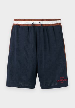 Marinefarbene Sportshorts aus Netzmaterial mit braunen Akzenten, elastischem Taillenbund und weißem Kordelzug. Mit rotem Text "MILANO GYMNASIUM EA7" auf der Vorderseite.