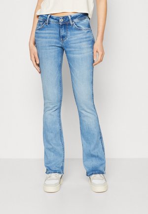 Light blue, flared jeans in denim fabric with a faded finish. Features classic five-pocket design and button closure at the waist.