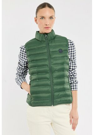 Femme portant une veste matelassée sans manches verte par-dessus une chemise à carreaux bleue et blanche et un pantalon clair, debout devant un fond uni.