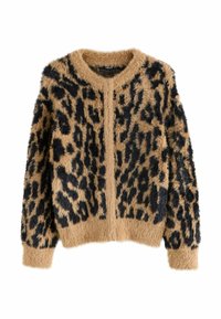 Flauschige Leo-Print-Cardigan mit schwarzen und braunen Flecken, rundem Halsausschnitt, langen Ärmeln sowie gerippten Bündchen und Saum.