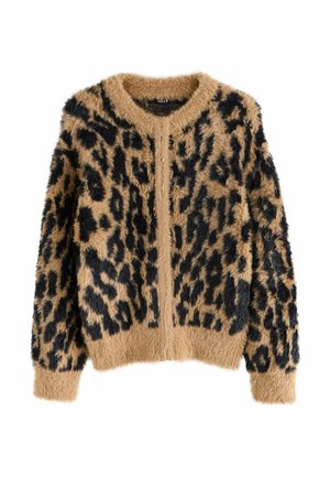 Flauschige Leo-Print-Cardigan mit schwarzen und braunen Flecken, rundem Halsausschnitt, langen Ärmeln sowie gerippten Bündchen und Saum.