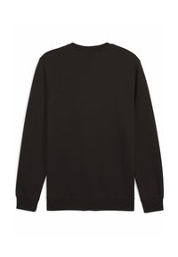 Felpa nera con maniche lunghe, collo rotondo, tessuto testurizzato e polsini e orlo a coste. Colore solido, design minimale, linee pulite.