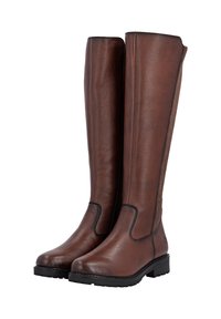 Stivali al ginocchio in pelle marrone con una finitura testurizzata, dotati di una suola piatta, cuciture sottili e un design elegante e aderente.