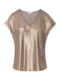 Top de bronce metálico con escote en V y mangas de capucha. Tejido texturizado con detalles que reflejan la luz y un ajuste holgado.