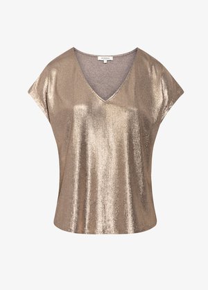 Metaalachtige bronzen top met een V-hals en korte mouwen. Textuurstof met lichtreflecterende details en een losse pasvorm.