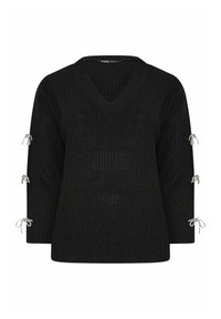 Czarny sweter robiony na drutach z dekoltem w serek, rękawami 3/4 z dodatkiem srebrnych wstążek przy mankietach oraz teksturowaną tkaniną.
