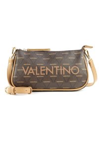Borsa a tracolla marrone con superficie texture, caratterizzata da un motivo in rilievo con logo VALENTINO e dettagli in pelle color caramello. Include una tracolla regolabile.