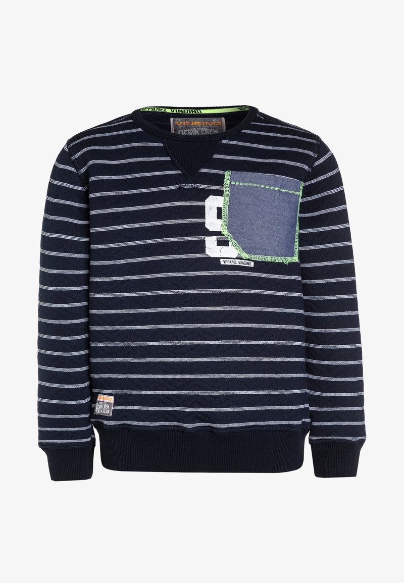 Námornická pruhovaná mikina s kulatým výstřihem, s denimovou náprsní kapsou, zeleným akcentním prošitím a žebrovanými manžetami a lemem. Disponuje bílým potiskem čísla.