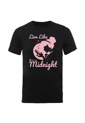 Sort bomulds t-shirt med pink tekst og grafik. Teksten lyder "Lev som om der ikke er midnat," med en silhuetdesign akcent.