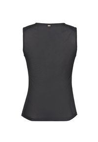 Czarny sportowy top bez rękawów z siateczkową fakturą, dopasowany krój i okrągły dekolt. Z tyłu delikatne logo, idealny do aktywności fizycznej.