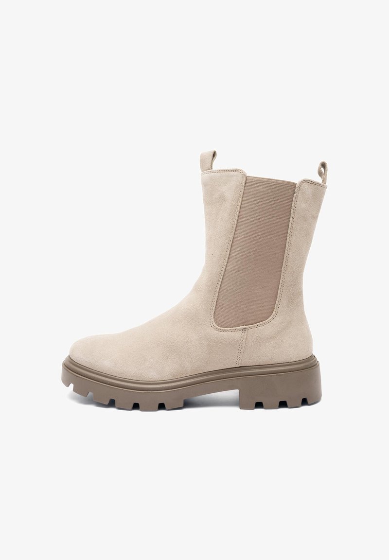 Beige suede ankle boot with elastic side panels, a pull tab, and a thick, textured rubber sole. Features rounded toe and sturdy design.