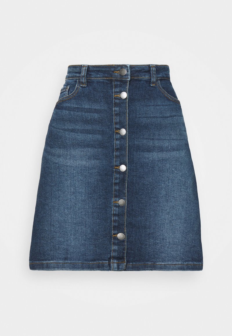 Jeans A-linje kjol i mörkblått med en framknäppning, fem silverfärgade knappar, bältesöglor och subtila blekningar längs kanterna.