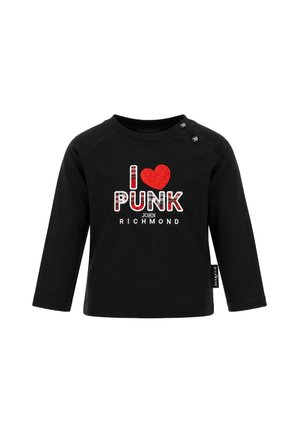 Camicia nera a maniche lunghe con testo "I love Punk John Richmond", grafica a cuore e due bottoni sulla spalla destra.
