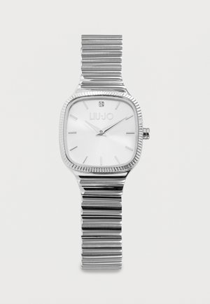 Sølv Liu Jo armbåndsur med firkantet urskive, minimalistiske timeindikatorer, enkelt krystall ved kl. 12 og metallstripet uttrekkbart lenke.