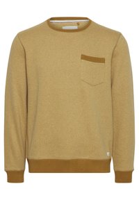 Bawełnowy sweatshirt w jasnobrązowym kolorze z prążkowanym okrągłym dekoltem, długimi rękawami i kieszenią na piersi. Posiada teksturowaną tkaninę oraz prążkowane mankiety.