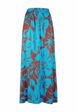 Lange Skirt aus leichtem Stoff mit einem leuchtend türkisfarbenen Blumenmuster auf einem braunen Hintergrund, mit einem elastischen Taillenbund.