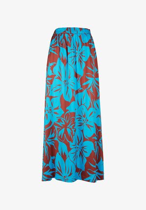 Gonna lunga realizzata in tessuto leggero con un vivace motivo floreale turchese su uno sfondo marrone, dotata di una vita elastica.