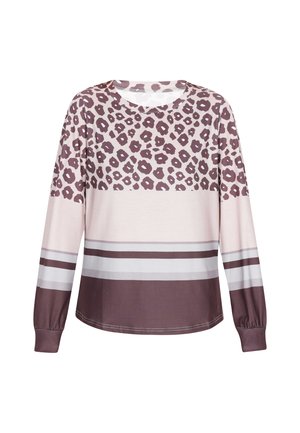 Długi rękaw top z różowym korpusem w brązowy wzór lamparta oraz poziomymi paskami w odcieniach szarości, ciemnej szarości i bieli na dolnej krawędzi.