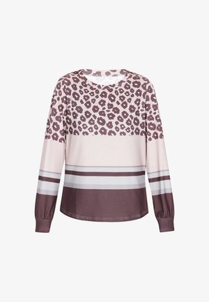 Długi rękaw top z różowym korpusem w brązowy wzór lamparta oraz poziomymi paskami w odcieniach szarości, ciemnej szarości i bieli na dolnej krawędzi.