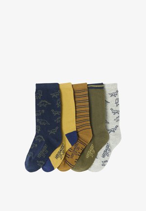 Fünf Paar Baumwollsocken mit Dinosauriermustern in den Farben Marineblau, Gelb, Braun, Oliv und Grau, mit verschiedenen Designs und Texturen.