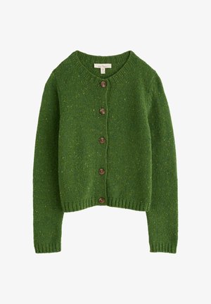 Green knit cardigan featuring a round neckline, ribbed cuffs, five brown buttons, and a textured surface with speckled accents.