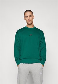 Zaļš džemperis ar apaļu kakla izgriezumu un garām piedurknēm, uz krūtīm ir neliels melns Adidas logotips. Saskaņots ar pelēkiem sporta biksēm.