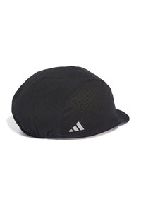 Cappellino da ciclismo nero con parte superiore in tessuto liscio, pannelli laterali in rete testurizzata e un piccolo logo riflettente. Visiera curva e design aderente.