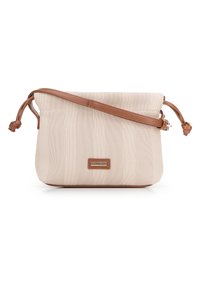 Bolso de lienzo en color beige claro con un acabado suave y texturizado. Asa y detalles en cuero marrón. Cuenta con un cierre tipo tirón con detalles en nudos.