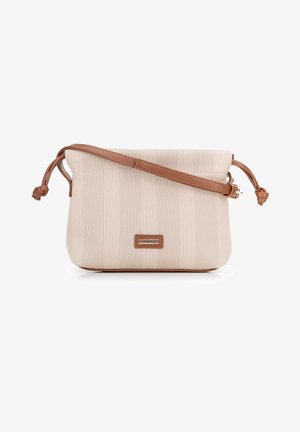 Bolso de lienzo en color beige claro con un acabado suave y texturizado. Asa y detalles en cuero marrón. Cuenta con un cierre tipo tirón con detalles en nudos.